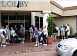 In front of Handlery Hotel Lobby - from left to right, Sue & Tom Suter, Lydia & Michael Robertson, Ron Winde, Tom Bernard & Todd Fowler against far column, Bill Lofty & wife Judy, Susan Bernard sitting by column and Jack & Pat Turley far right